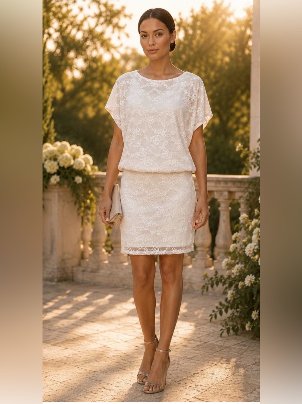 Bailey Rose White Lace Open Back Mini Dress Small Bridal Shower Bachelorette EUC